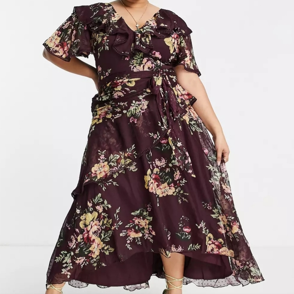 ASOS Curve Floral Chiffon Layered Midi Dress in berry